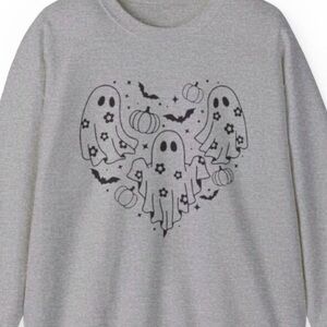 Women’s Grey Halloween Ghost Heart Sweatshirt Fall Spooky Comfy Trick or Treat